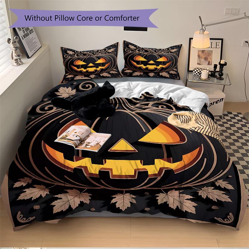 3pcs Halloween Pumpkin Duvet Cover Set - Machine Washable, Includes 1 Cover and 2 Pillowcases, No Core Included yy251013030