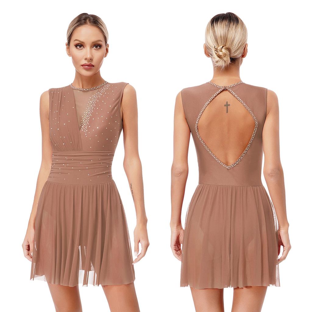 Womens Figure Skating Dress Modern Lyrical Ballet Dance Leotard Tutu Sleeveless Shiny Rhinestone Gymnastic Performance Dancewear