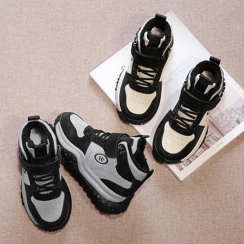 Осень и зима новые круглый носок бархатные теплые толстая подошва увеличивающие рост кожаные зимние ботинки дети среднего и старшего возраста студенты мужского и женского пола с