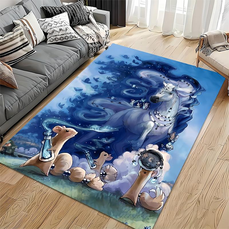 "Fantasy Blue Carpet with Unicorn, Starry Sky, and Cute Animals Design" Suitable for use as an anti-slip for living room bedroom sofas