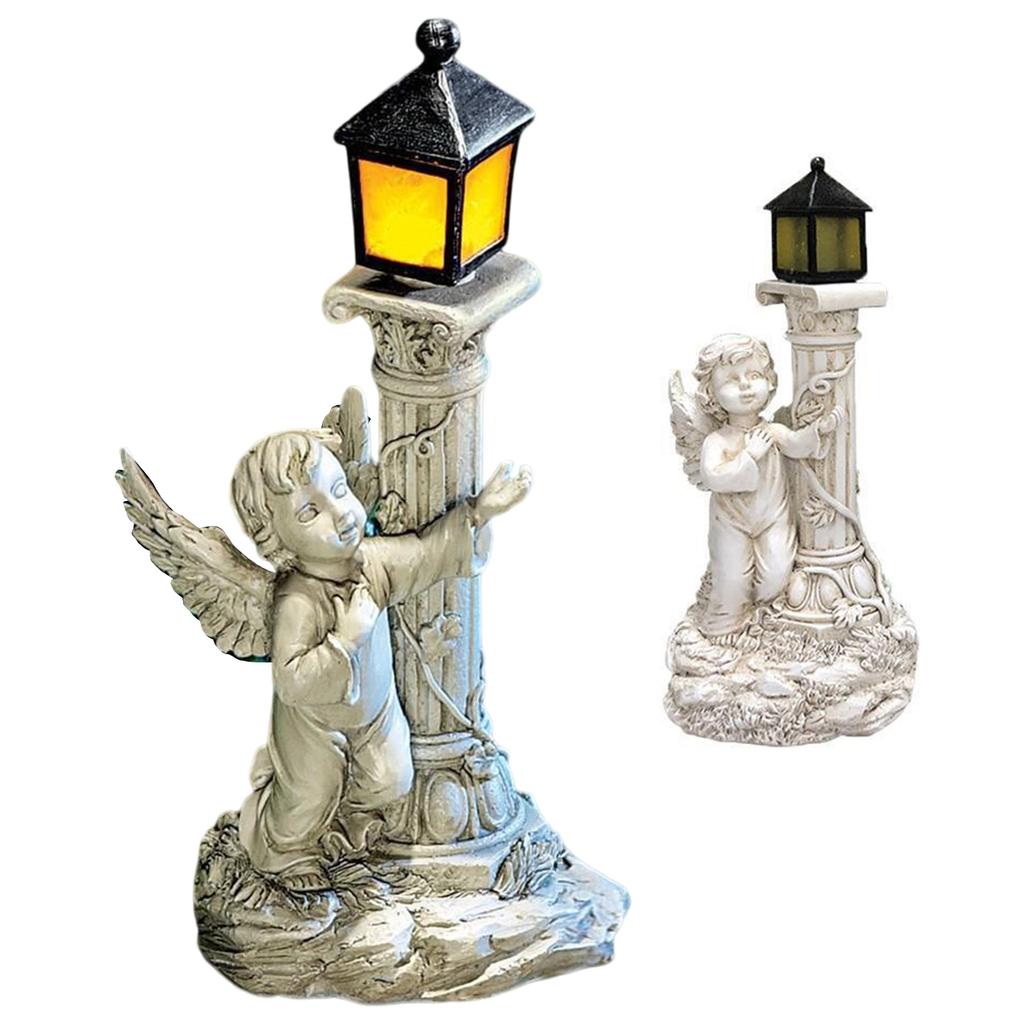 Resin Roman Colum Angel Statue with Solar Lights Ornament Outdoor Garden Waterproof Figurine Solar Glowing Lamp Decors