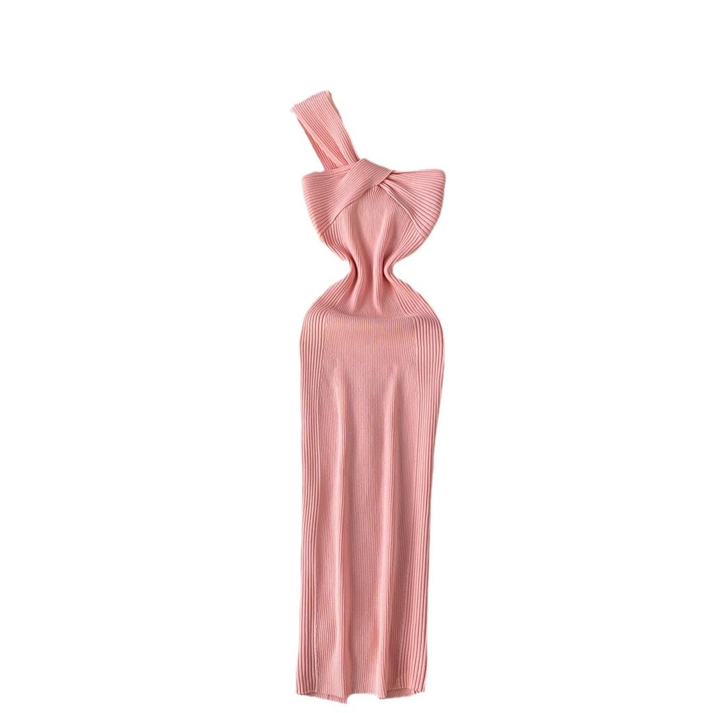 Европейское и американское высококачественное вязаное платье с диагональным вырезом женское летнее асимметричное легкая роскошь с разрезом чистое желание spice girl длинное платье