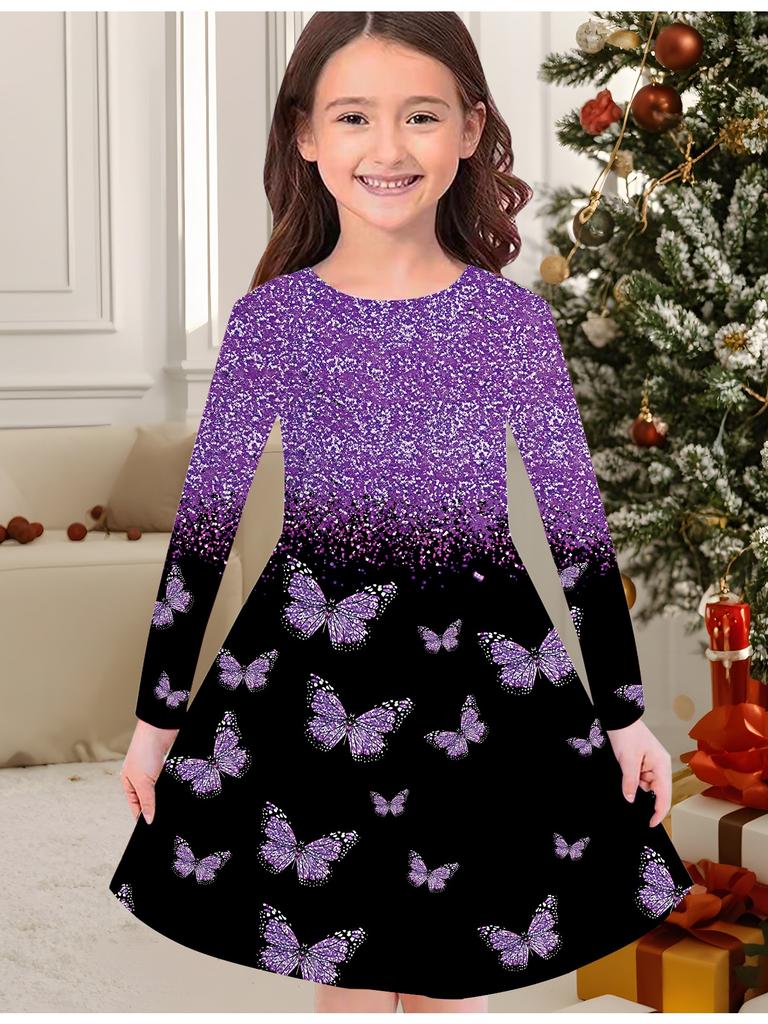 Girls' Autumn and Winter Fashion Dress, 3D Butterfly Print Round Neck Long Children's T-shirt Dress, Casual Versatile, Christmas Clothing