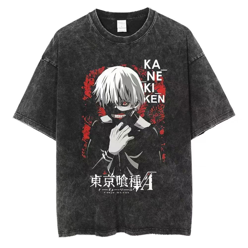 Anime Tokyo Ghoul Ken Kaneki Graphic Washed T Shirt Men Manga Vintage Tshirts Casual Cotton T-shirt Harajuku Male Tops