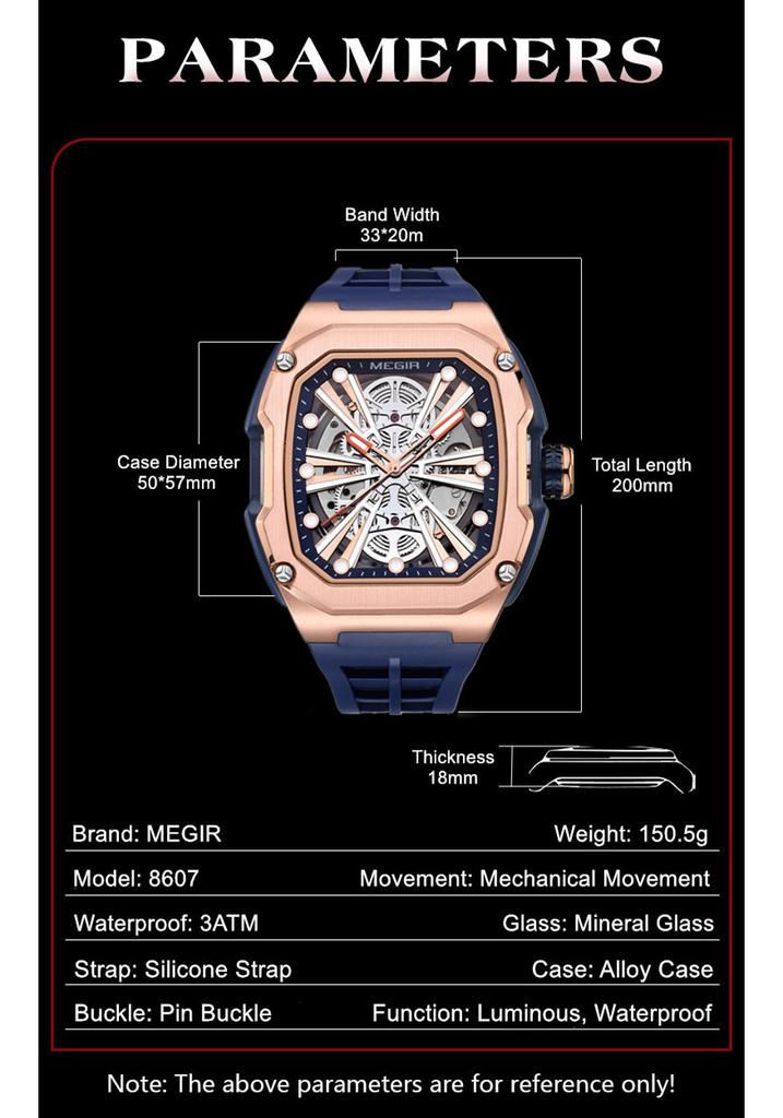 MEGIR Automatic Mechanical Watch for Men Skeleton Dial Waterproof Luminous Men's Sport Casual Wristwatch Clock Reloj Hombre 8607