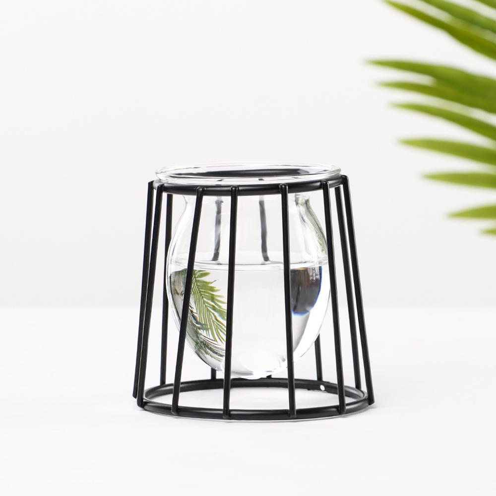 Home Decoration Iron Geometric Pattern Glass Planter Terrarium Metal Holder Hydroponic Vase