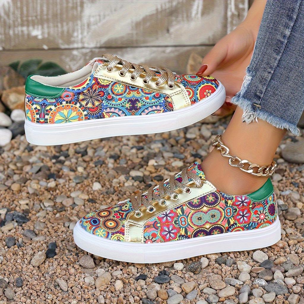 2025 Spring New Arrival Plus Size Women's Flat Casual Shoes Floral Ethnic Style Lace-Up Front Lightweight Shoes