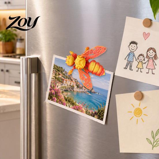 Decorative Magnetic Bee 3D Printed Refrigerator Magnet, Realistic Flexible Joint Figurine, Articulated Figure Decor for Kitchen Fridge & Office