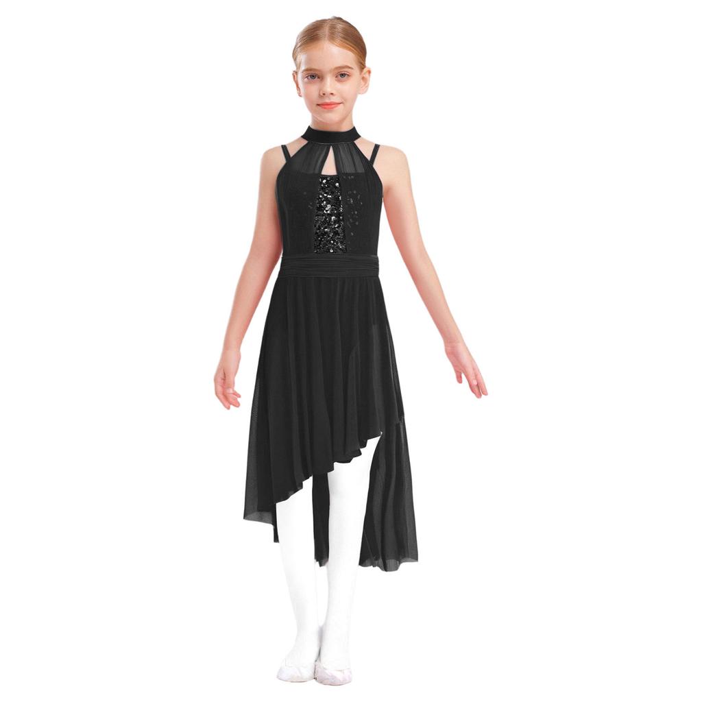 Girls Lyrical Performance Costume Shiny Sequins Sleeveless Asymmetrical Dance Dress with Sheer Mesh Skirt