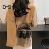 Crossbody Bag Bucket Shape Faux Leather Bell Rope Decor Handbag Vintage Zipper Closure Smooth Surface Shoulder Bag for Work Party Travel