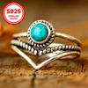 Vintage S925 Sterling Silver V-shaped Turquoise Ring for Women Bohemian Finger Ring Party Jewelry Gift