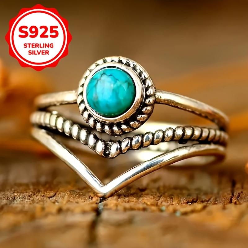 Vintage S925 Sterling Silver V-shaped Turquoise Ring for Women Bohemian Finger Ring Party Jewelry Gift