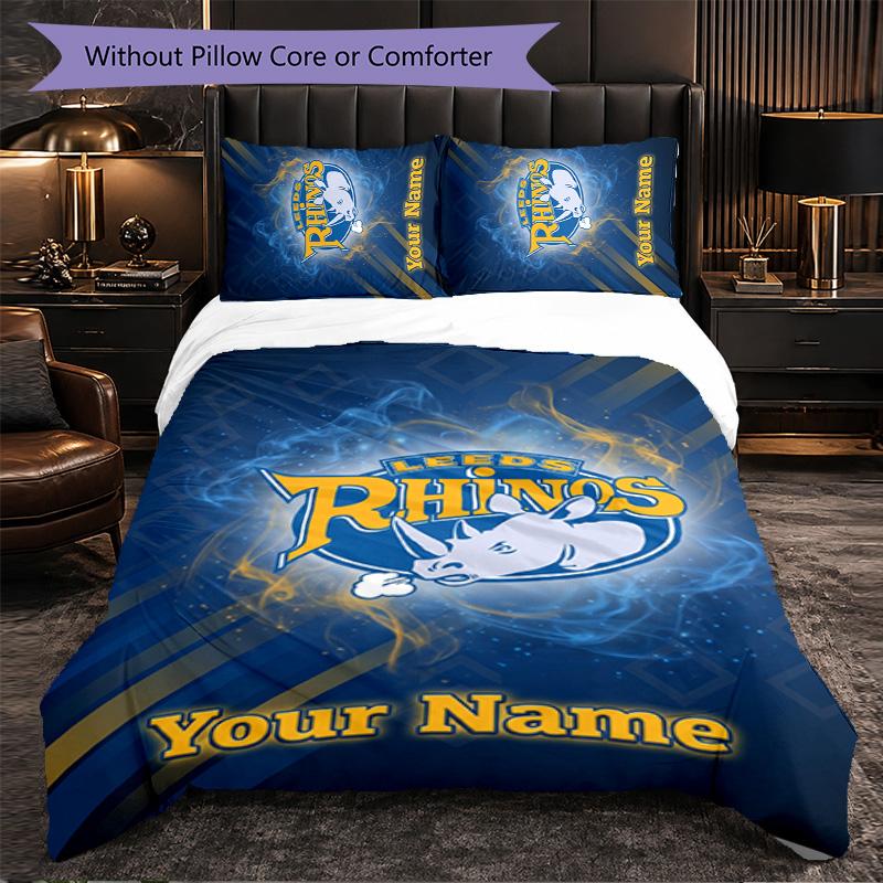 Leeds Rhinos Customized Name Text Bedding Set, 1 Duvet Cover & 2 Pillowcases Personalized Bedroom Gift