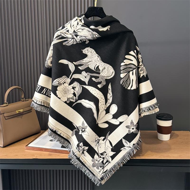 Autumn and Winter New Fashion Versatile Women's Imitation Cashmere Warm Scarf Wind Grotesque Plant Print Square Scarf Shawl