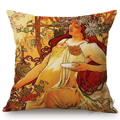Vintage European Art Nouveau Mucha Gallery Decorative Sofa Pillow Cover Beautiful Beauty Girl Cotton Linen Luxury Cushion Cover