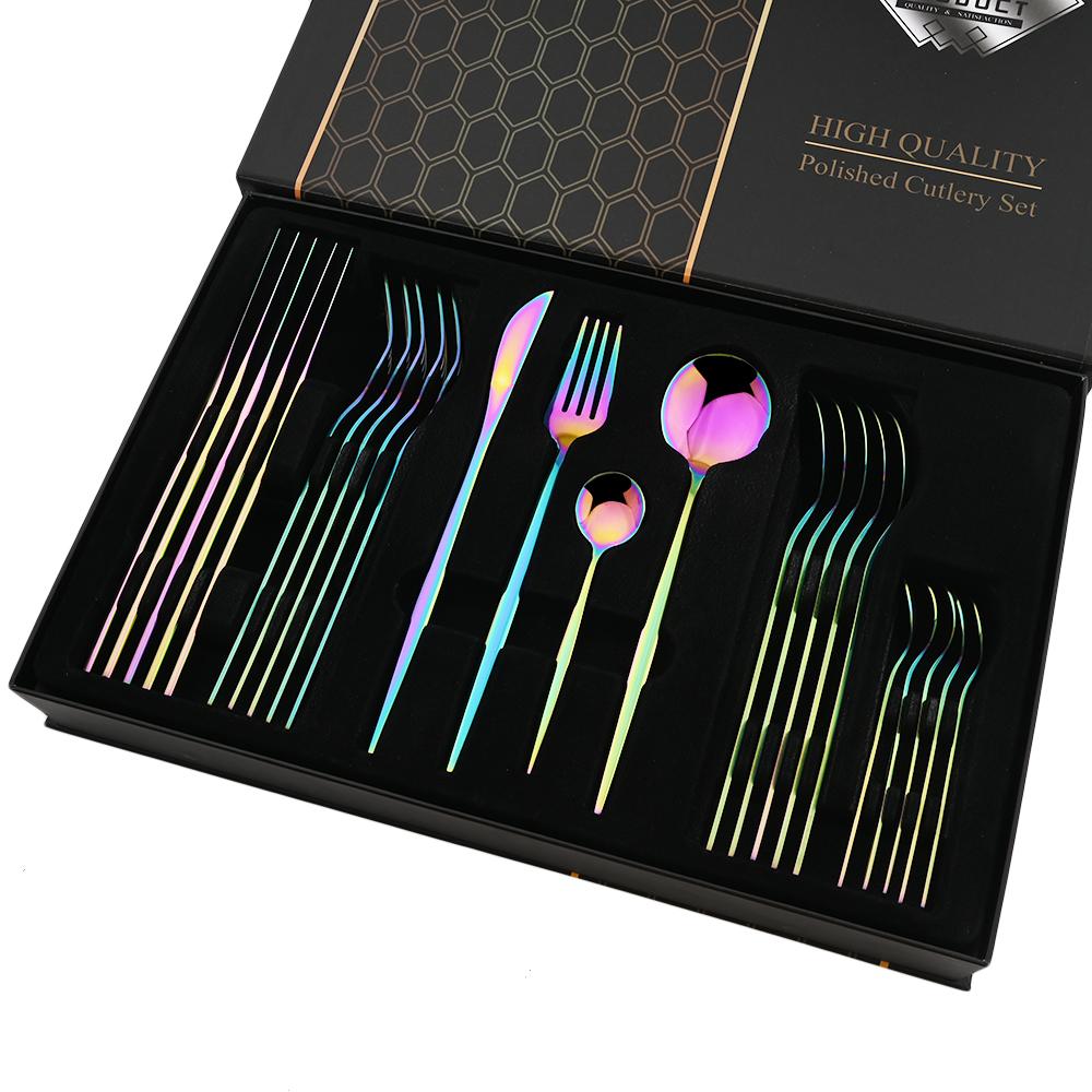 24 шт. золотой набор столовой посуды, набор посуды из нержавеющей стали, нож, вилка, ложка, роскошный набор столовых приборов, кухонные столовые приборы с коробкой, можно мыть в посудомоечной машине