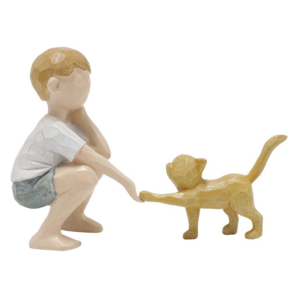 Деревянная скульптура мальчика и кота, фигурки животных ручной работы, деревянная декоративная коллекционная фигурка для домашнего офиса, натуральная, экологически чистая