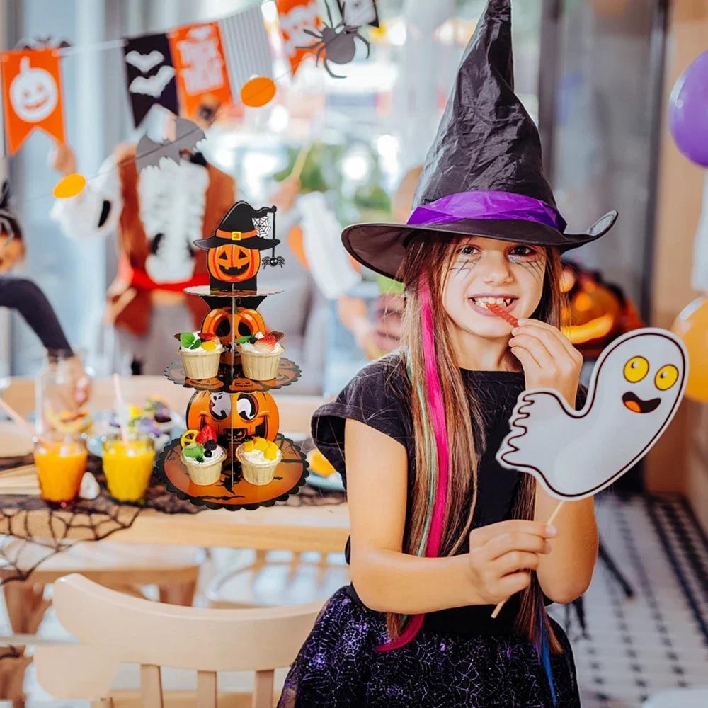 1 шт. Хэллоуинская башня для десертов, жуткое лицо, тыква-паук, 3-уровневая подставка для кексов, колпак ведьмы, бумажная подставка, жуткий праздник