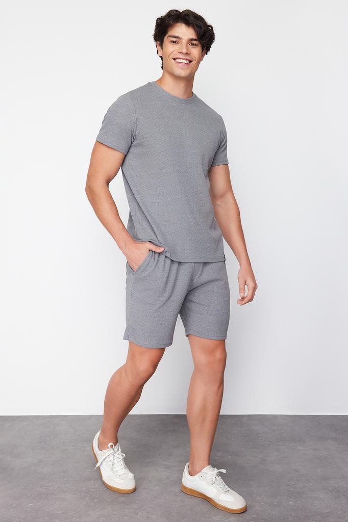 Men's Fashion New Pajama Set Indigo Regular Fit Waffle Knitted Pajama Set with Shorts