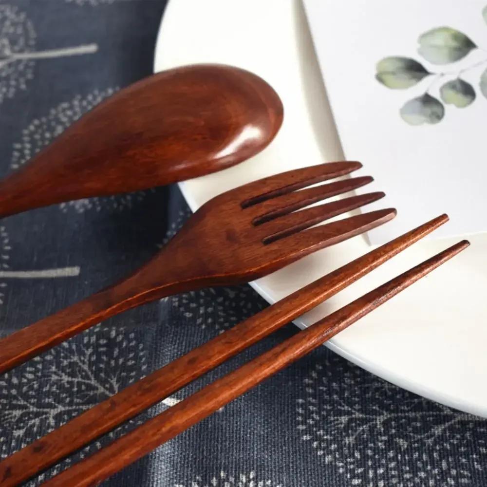 3 PCS Set Wooden Spoons Forks Chopsticks with Tangled Threads of Long Handled Solid Wood Adult Portable Spoons Forks Tableware