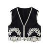 Spring New Design Sense Retro Short V-neck Embroidered Vest High Waist Wide Leg Casual Embroidered Trousers
