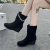 Luxury Pearl Chain Decoration Mid Calf Boots Women Autumn Sexy Solid Black Suede Boots Comfort Round Toe Medium Heel Booties