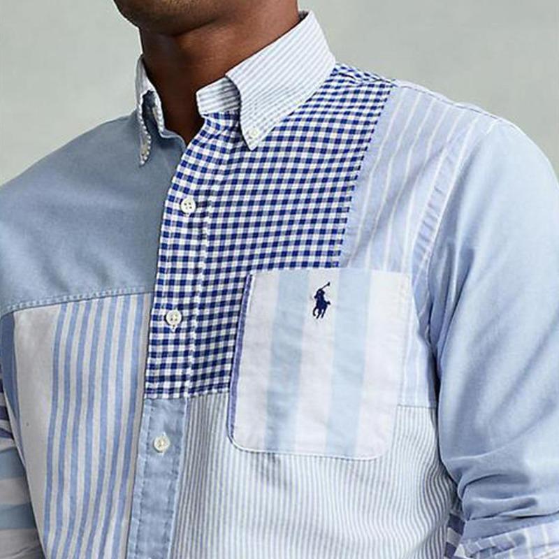 Ralph Lauren SS22 Классическая рубашка Оксфорд с веселой полоской Мужская Синяя MNPOWOV16821970-999