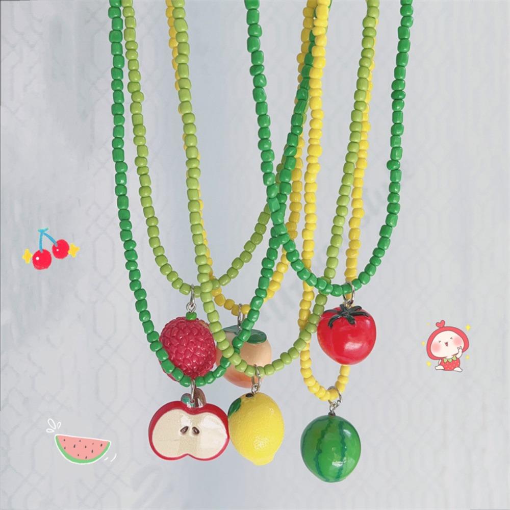 Apple Strawberry Lemon Bead Necklace Fresh Fruit Party Choker Fruits Pendant Necklace Women Girls