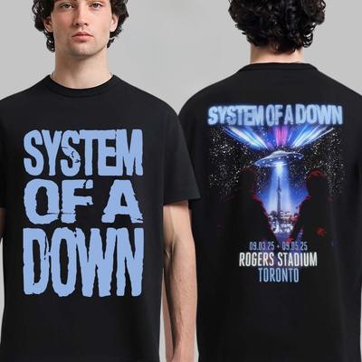 Горячий System of A Down Торонто Канада 2025 Место проведения Роджерс Стэдиум Футболка 3 и 5 сентября НЛО Силуэт города Двусторонняя синяя футболка