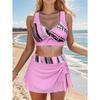 Women's 3pcs Swimsuit Set, Fashionable Bikini with Skirt, Beachwear, Adjustable Tie Top And Side Drawstring Skirt