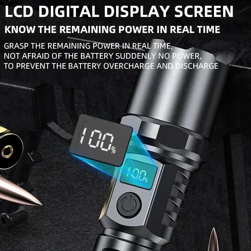 Portable Rechargeable High Power LED Flashlights With Display Screen Zoom Tactical Torch Lamp Outdoor Camping Emergency Lantern
