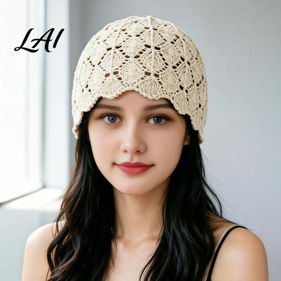 Knitted Hat for Women Hand-Crocheted Hollow Hat Vintage Style Breathable Soft Polyester Elastic Wavy Lace Brim Face Modifier Cap Lightweight