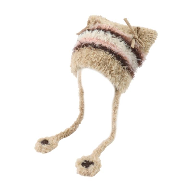 Furry Cartoon Head Cover with Ear for Outdoor Sports Striped Hat with Ear Oversized Headgear Hat for Winter