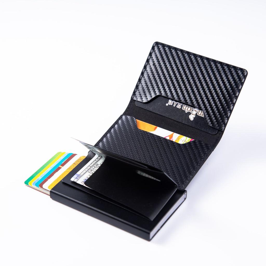 Кошелек-холдер для кредитных карт из углеродного волокна для мужчин, RFID, умный, металлический, тонкий, минималистичный, с выдвижным механизмом, маленький черный кошелек, металлический кошелек