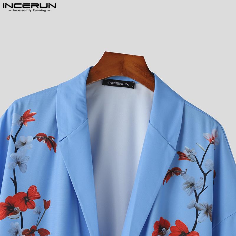 INCERUN Мужские кардиганы с воротником с лацканами и V-образным вырезом, рубашки, кимоно с цветочным принтом