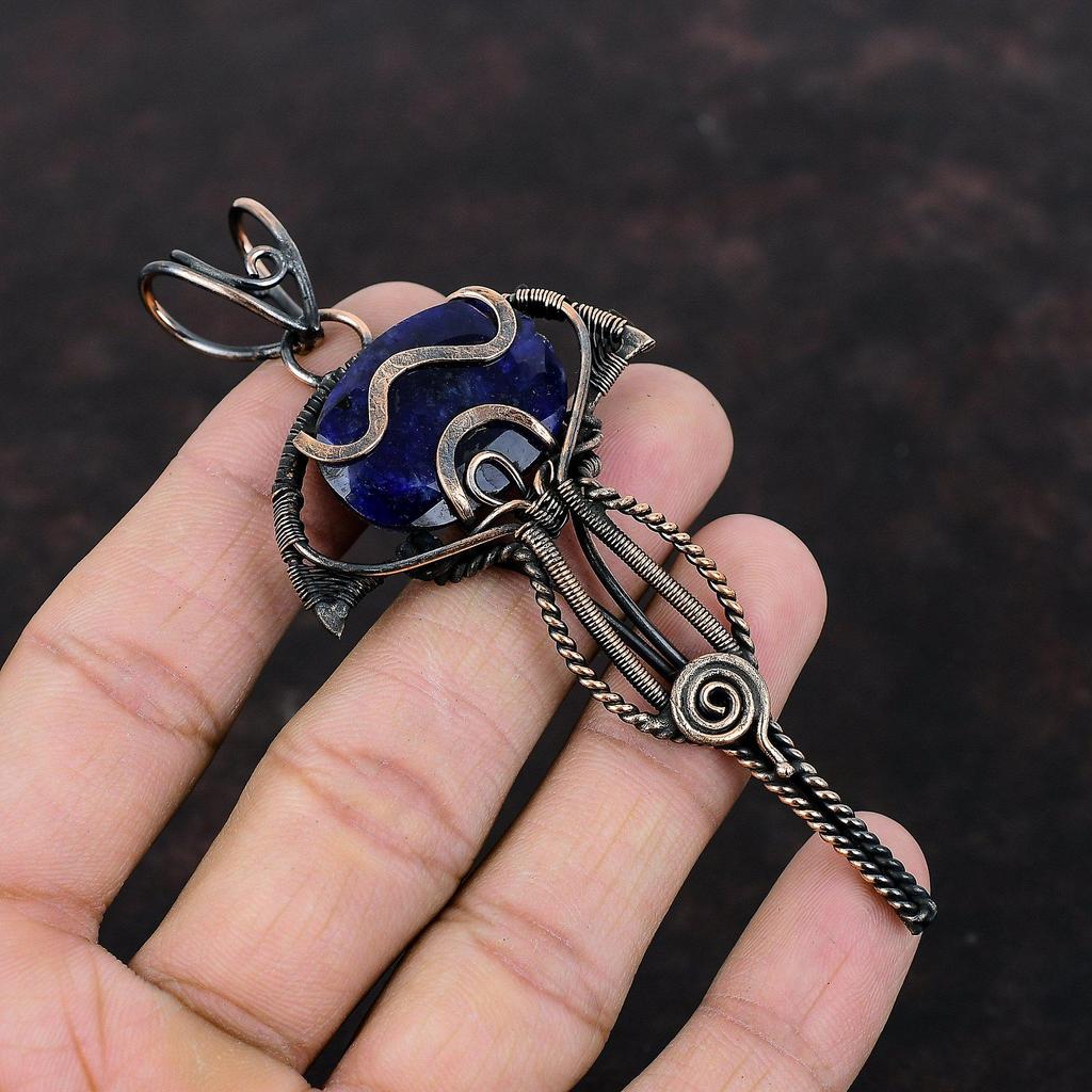 Подвеска с граненым синим сапфиром, подвеска из медной проволоки, подвеска с драгоценным камнем, подарок на особый случай, подвеска ручной работы, очень красивое медное украшение