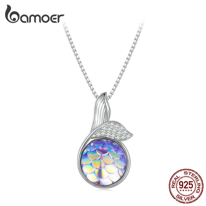 BAMOER 925 Sterling Silver Mermaid Fishtail Pendant Necklace Colorful Fish Scales Neck Chain for Women Fine Jewelry Gift