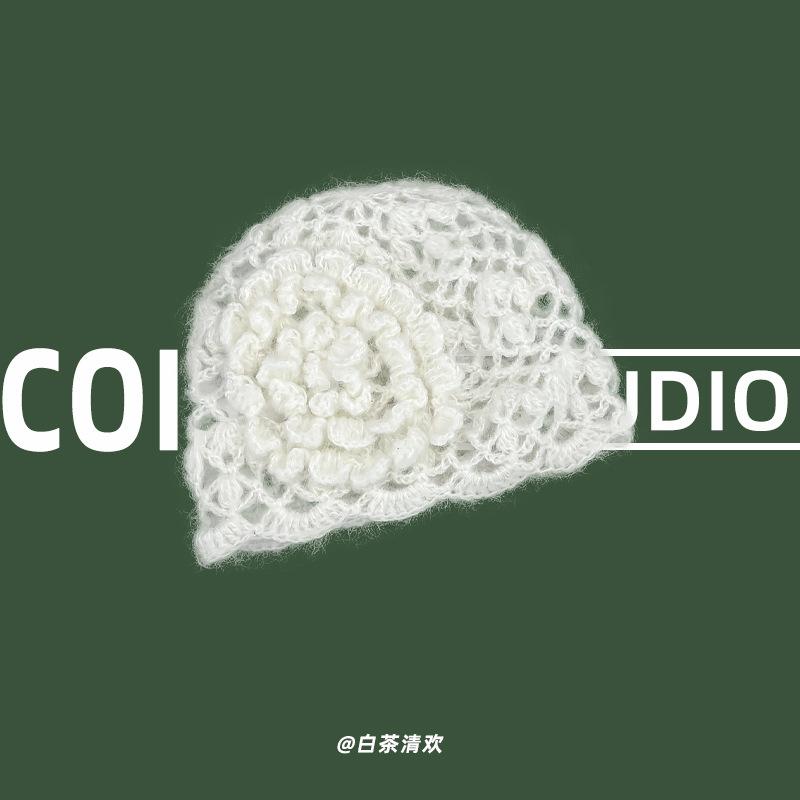 ins blogger handmade crochet hollow pullover hat three-dimensional flower knitted hat fashion bag head hat
