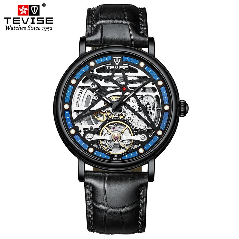 TEVISE Casual Fashion Watch for Men Leather Strap Watch Diamond-encrusted Hollow Automatic Mechanical Watch for Men