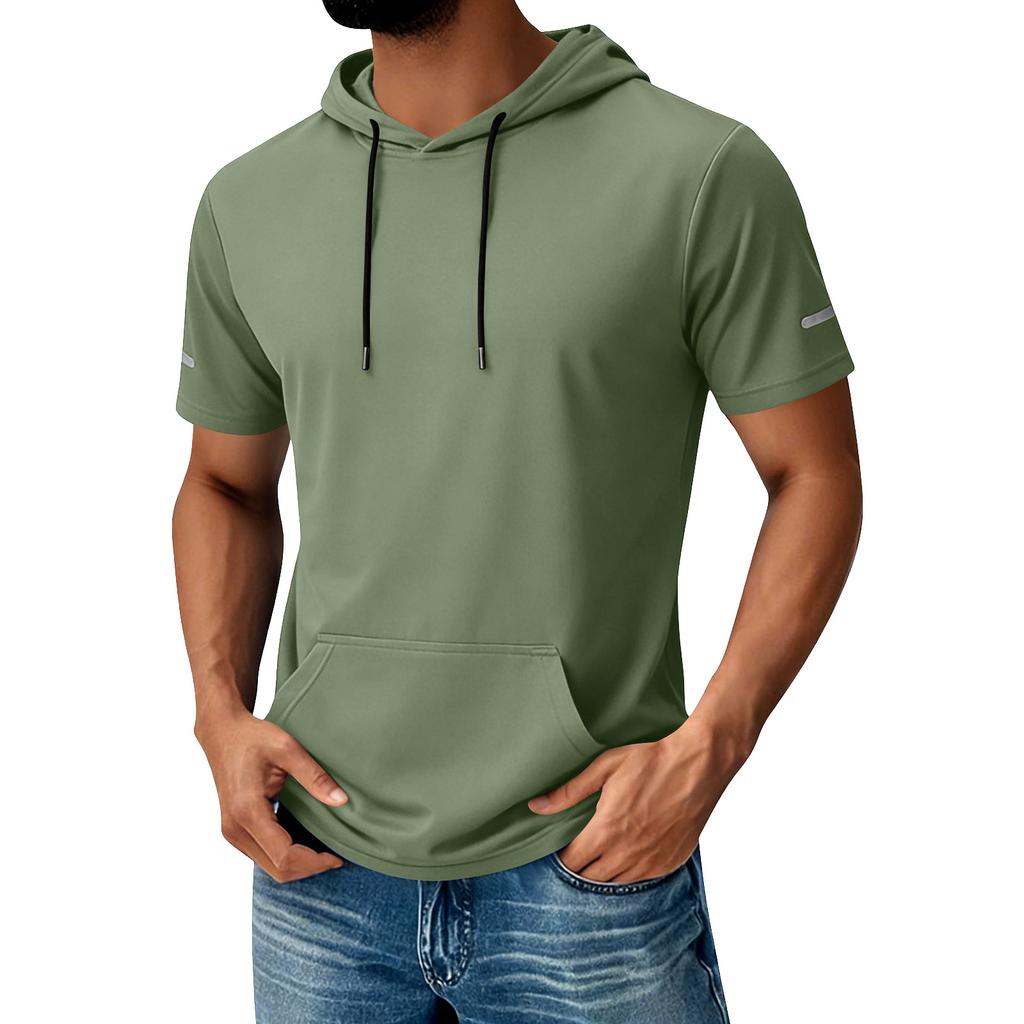 Men's Hooded Pocket Top  Men's Casual Sports Quick Drying Short Sleeved Top