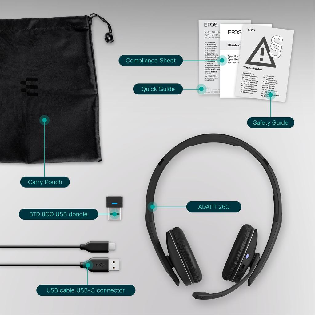 Беспроводная Bluetooth-гарнитура EPOS ADAPT 260 Удобная Черная - Микрофон с шумоподавлением, Подключение к нескольким устройствам, Длительное время воспроизведения, Посадка,