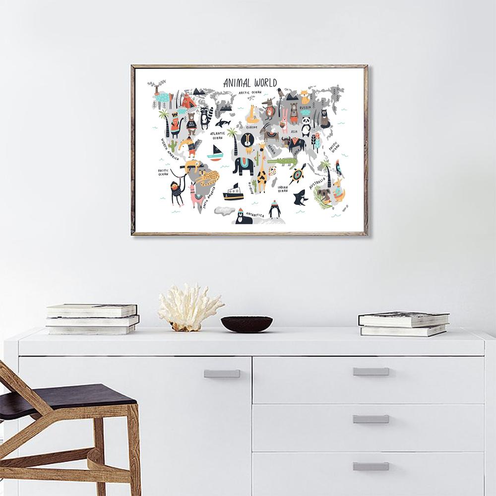 Карта мира животных, художественный принт, детский постер, детский подарок, мультяшная картина на холсте, скандинавский стиль, домашний декор, настенная картина для гостиной