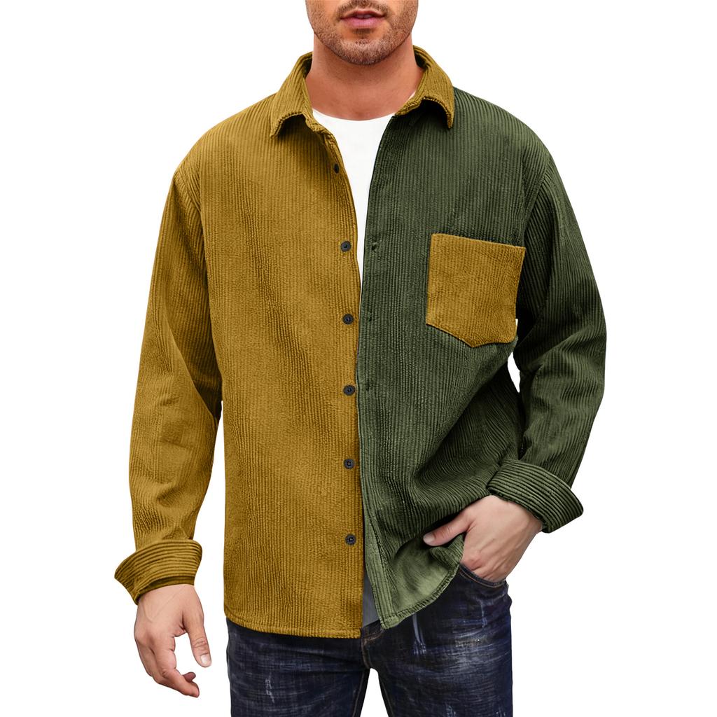 Mens Shacket Patchwork Long Sleeve Button Down Corduroy Shirts For Men