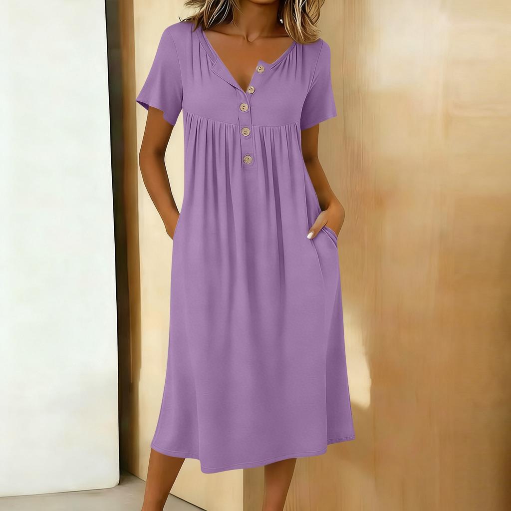 Женское модное цветное платье миди с круглым вырезом, короткими рукавами и застежкой на пуговицы у горловины