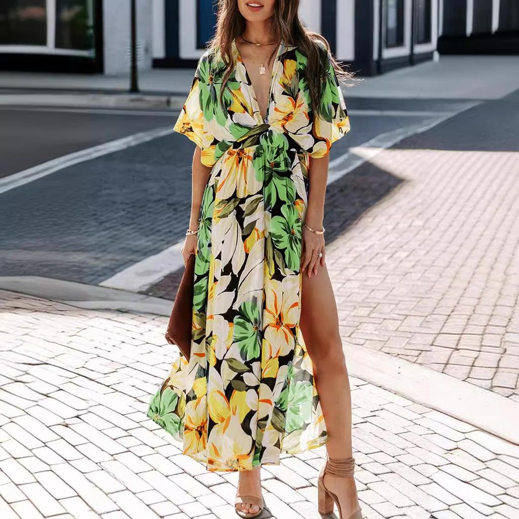 Summer women's new sexy high-waisted fashion printed split-ended dress women