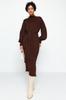 Women's Hijab Dress New Season Fashion Brown Belted Half Turtleneck Balloon Sleeve Knitwear Dress