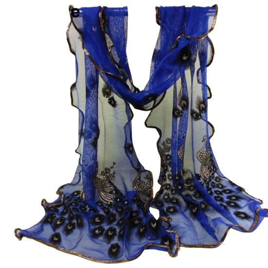 Women Fashion Peacock Flower Embroidered Lace Scarf Long Soft Wrap Shawl Stole