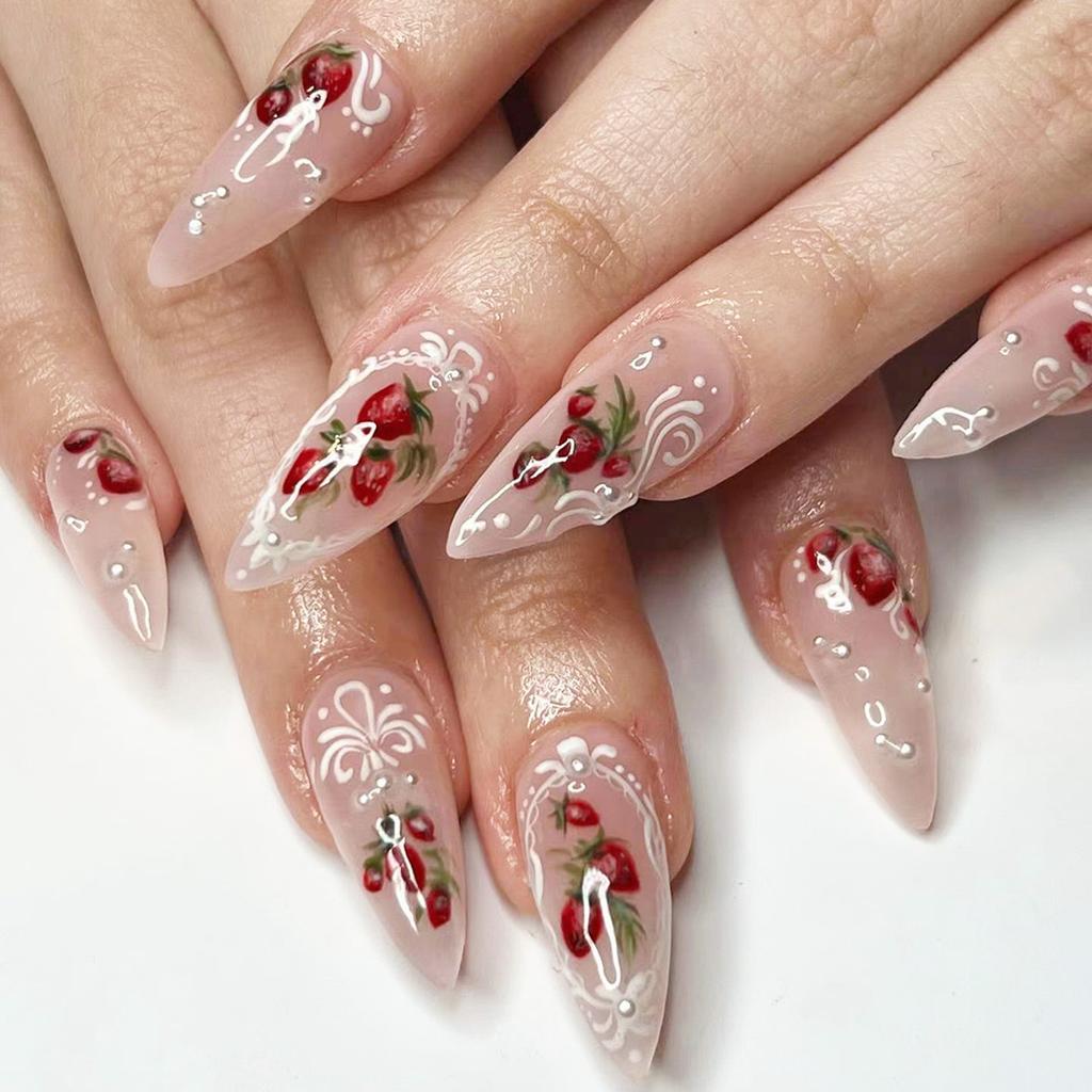 Pink Fake Nails with Strawberries Printed Sweet & Charming Reusable False Nails for Women and Girl Nail Salon