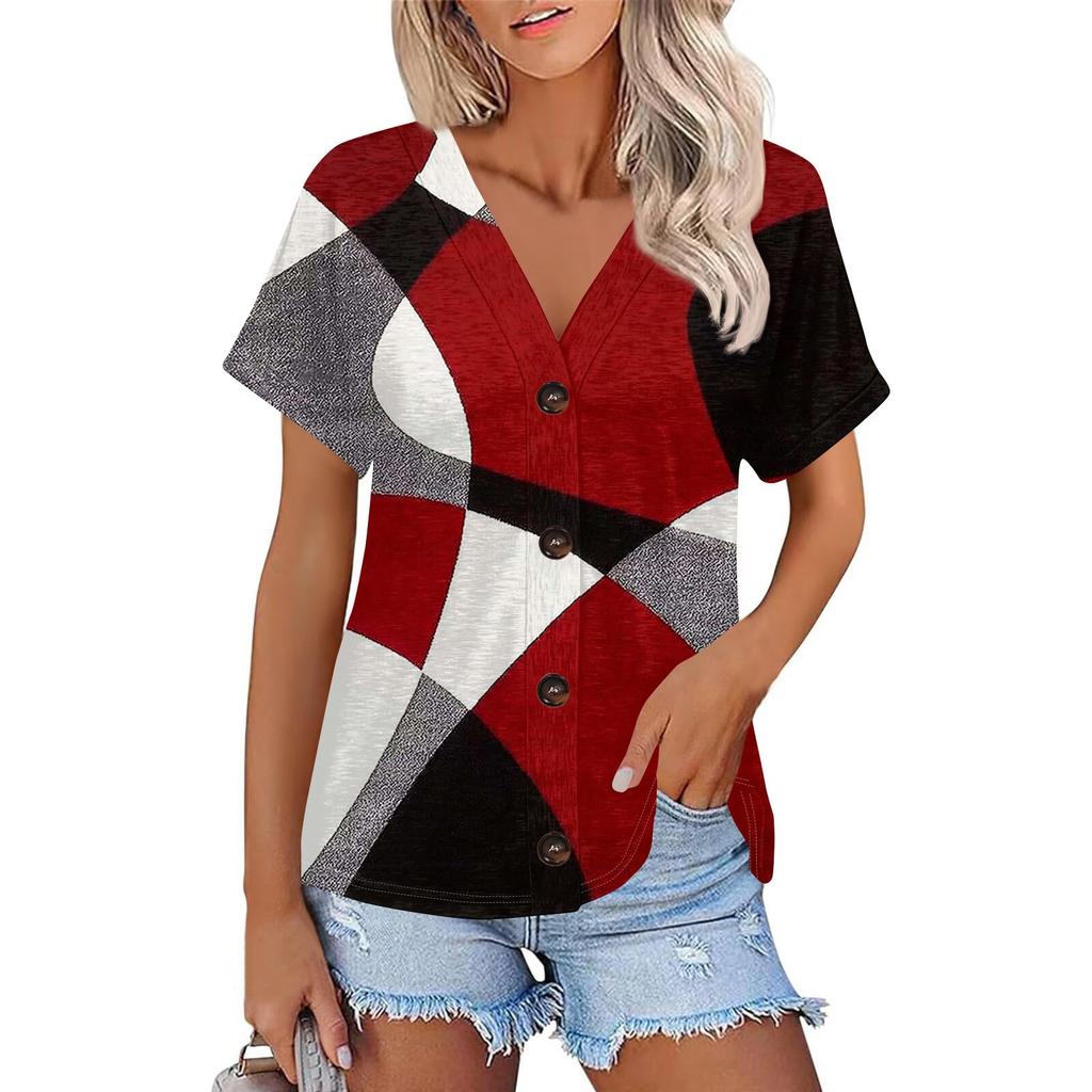 Женская модная футболка с короткими рукавами и V-образным вырезом, цветным принтом в стиле пэчворк, на пуговицах