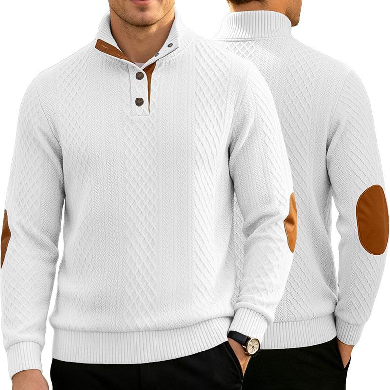 Wish Men's Textured Jacquard Stand Collar Long Sleeve Top Color Block Placket Elbow Patch American Sweatshirt
